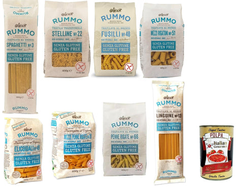 Rummo Test Pack Pasta Senza Glutine, Gluten Free, 100% Italian Pasta Noodles Gluten-Free 8 x 400 g + Italian Gourmet Polpa 400 g