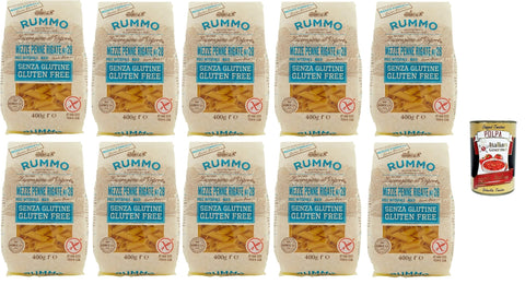 Rummo Pasta Noodles Gluten Free Mezze Penne Rigate, Bronze Drawn Glutein-Free, Perfect for People with Celiac Disease or Gluten Intolerance, 10 x 400 g + Italian Gourmet Polpa 400 g