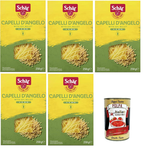 Schar Pasta Capelli d'Angelo - Gluten-Free Short Noodles with approx. 20% Millet 5 x 250 g + Italian Gourmet Polpa 400 g