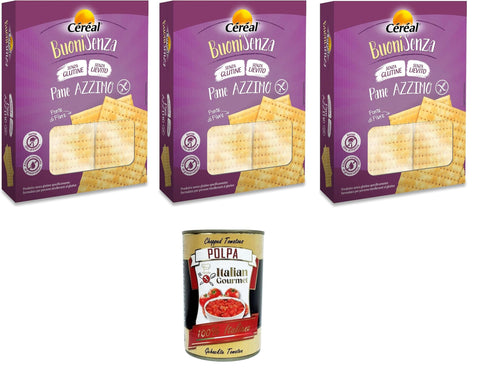 Céréal Buoni Senza Pane Azzimo, Pane Senza Glutine, Pane Senza Lievito, Buoni Without Unleavened Bread, Gluten-Free Bread, Yeast-free Bread, 3 x 180 g + Italian Gourmet Polpa 400 g