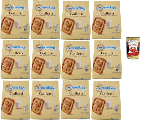 Mulino Bianco Galletti, Biscotti con latte 100% Italian, biscuits with fresh milk, 100% Italian, palm oil-free, delicious breakfast, 12 x 800 g + Italian gourmet polpa 400 g