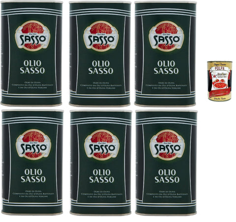 Sasso Olio Extra Virgine D'oliva Virgin Olive Oil 6 x 500 ml 100% Italian, Extra Virgin Oil + Italian Gourmet Polpa 400 g
