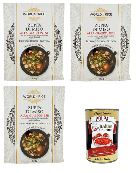 World of Rice Zuppa di Miso alla Giapponese, Japanese Miso Soup, 3 x 150 g + Italian Gourmet Polpa 400 g