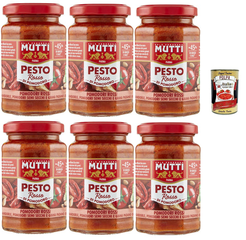 Mutti Pesto Rosso Pomodori Rossi Red Tomato Pesto Pasta Sauce 100% Italian Tomato Jar 6x 180g Seasoning Sauces with Almonds, Tomatoes, Dried Seeds and Grana Padano + Italian Gourmet Polpa 400g