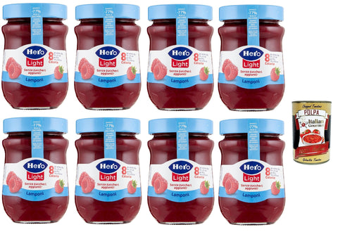 Hero Light Light Raspberry Jam, 8 Jars with 280 g, Jam and Additional Jam, High-Quality Fruits, No Preservatives and No Dyes + Italian Gourmet Polpa 400 g