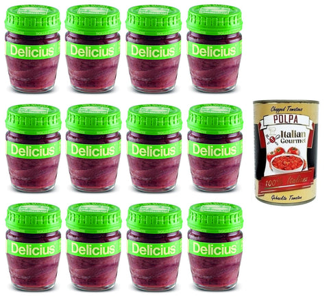 12 x Delicius Filetti Di Alici In Olio Di Girasole, Anchovy Fillets in Sunflower Oil, High-Quality Blue Fish, Glass 58 g + Italian Gourmet Polpa di Pomodoro 400 g Tin