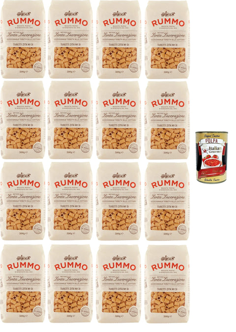 Rummo Tubetti Zita N°31 Durum Wheat Semolina Pasta Italian Noodles 16 x 500 g Pack + Italian Gourmet Polpa di Pomodoro 400 g Tin
