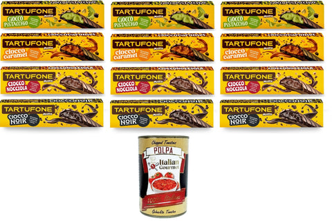 Motta Tartufone Ciocco Test Pack Pistacchio, Noir, Caramel, Nocciola Pistachio Chocolate, Noir Chocolate, Caramel Chocolate, Hazelnut Chocolate 12 x 150 g + Italian Gourmet Polpa 400 g