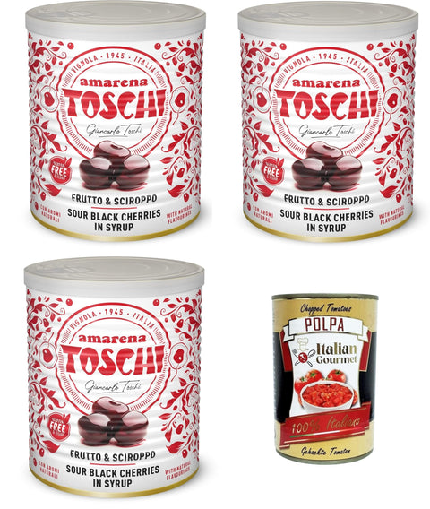 Toschi Amarena Candied Sweets in Syrup (50% Fruit and 50% Syrup) for Decorating Ice Cream and Desserts 3 x 1 kg + Italian Gourmet Polpa 400 g