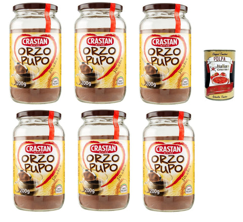 Crastan Orzo Pupo, 100% Italy Instant Soluble Barley Grain Coffee 6 x 200 g + Italian Gourmet Polpa 400 g