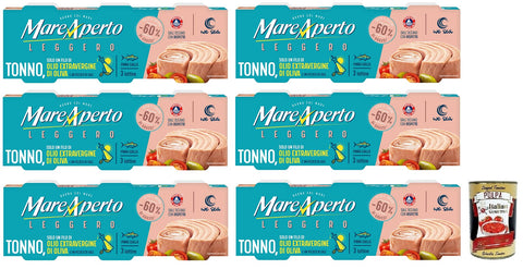 6 x Mare Aperto Tonno Leggero, tuna, only with a shot of extra virgin olive oil and a pinch of salt (3 x 60 g can) + Italian Gourmet Polpa di Pomodoro 400 g tin