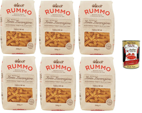 Rummo Fusilli N°48 6 x 500 g - Bronze Drawn Lenta Lavorazione, Bite Resistant & Sauce Stick, Ideal for Pesto Tomato & Casseroles, Storage Pack + Italian Gourmet Polpa
