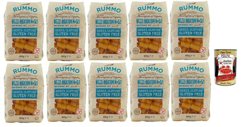 Rummo Pasta Noodles Gluten Free Mezzi Rigatoni N° 51, Bronze Drawn Glutein-Free, Perfect for People with Celiac Disease or Gluten Intolerance, 10 x 400 g + Italian Gourmet Polpa 400 g