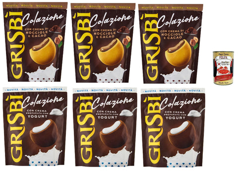 Grisbì Colazione Mix - 6 Bags (3 x Hazelnut & Cocoa + 3 x Yogurt) - Resealable - Italian Breakfast & Snack Cookies - Crispy Exterior, Creamy Inside [1350g] + Italian Gourmet Polpa 400g