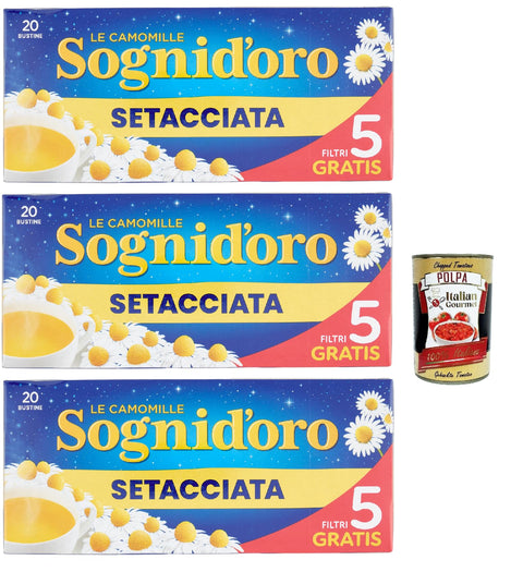 Camomilla Sogni d'oro setacciata, 20 filter cases, treat yourself to relaxation and peaceful sleep, distinctive and pleasant taste, 3 x 33.4 g + Italian gourmet polpa 400 g