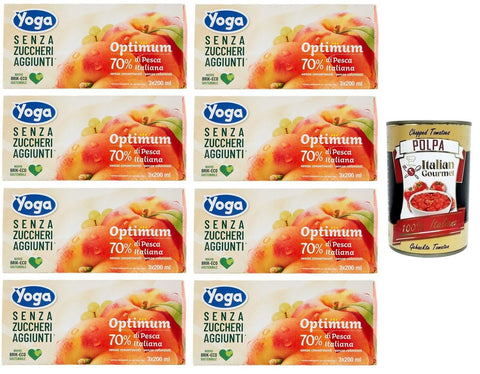 8 x Yoga Succhi di Frutta Optimum Pesca, Peach Fruit Juices, No Added Sugar, Alcohol-Free Soft Drink 3 x 200 ml + Italian Gourmet Polpa di Pomodoro 400 g Tin
