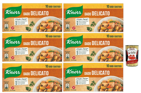 6 x knorr Delicato Dado Brodo Soup Cubes Broth Gentle 10 pz, Sustainable Vegetable Broth, Gluten-Free, Lactose and Preservatives, for Soups and Grilled Meat + Italian Gourmet Polpa 400 g