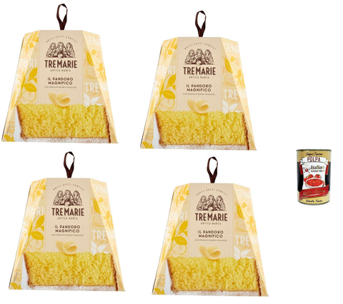 Tre Marie Il Pandoro Magnifico 4 x 1 kg, Classic Italian Christmas Cake with High-Quality French Butter - Soft & Fragrant Natural Long-Lasting Dough Guide + Italian Gourmet Polpa 400g