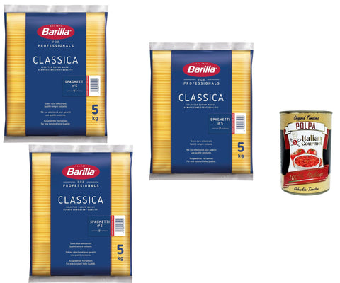 Barilla Spaghetti N.5 Classica 3 x 5 kg Bulk Pack - Professional Durum Wheat Pasta, 9 Min. Cooking Time, Ideal Bite Resistance & Sauce Binding, Stock/Catering + Italian Gourmet Polpa