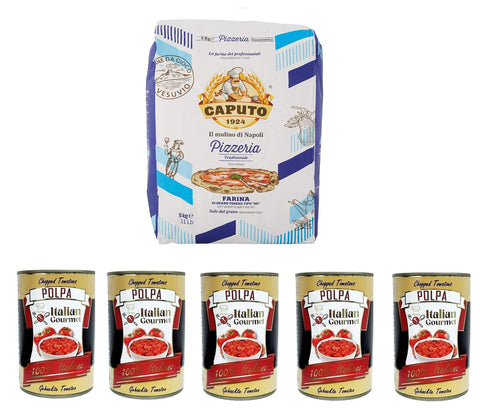 Caputo Pizzeria Farina Pizza Flour 5 kg and Italian Gourmet Polpa di Pomodoro Fine Chopped Tomato Paste 5 x 400 g