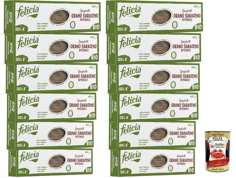 Felicia, Pasta Spaghetti di Grano Saraceno Integrale, Whole Grain Pasta, Rich Source of Fibre and Mineral Salts, Magnesium and Manganese, Vegan, 12 x 400 g + Italian Gourmet Polpa 400 g