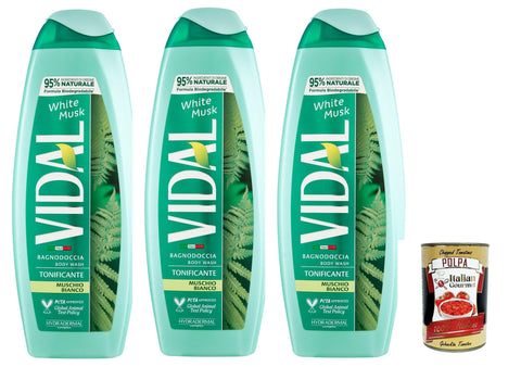 Vidal, Bagnoschiuma Muschio Bianco, White Musk White Moss Foam Baths Bath Shower Foam 3 x 500 ml + Italian Gourmet Polpa 400 g