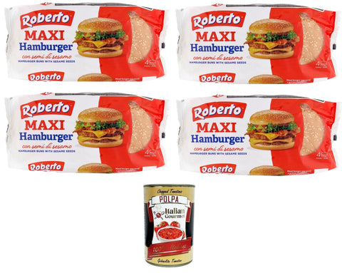 Roberto Maxi Hamburger Bun with Sesame - Perfect for Juicy Burgers & Sandwiches, 4 x 300 g + Italian Gourmet Polpa