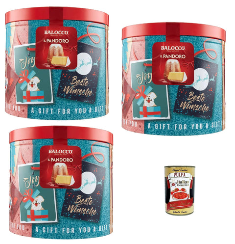 Balocco Il Pandoro 3 x 750 g in Gift Tin - Classic Italian Christmas Cake - Natural Long-Term Dough Guide, Decorative Metal Box for Gift Giving, Italy + Italian Gourmet Polpa 400 g