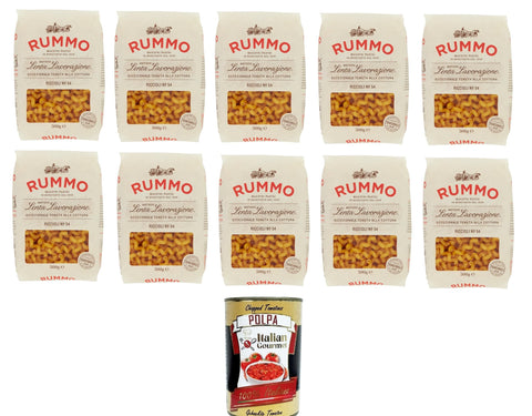 Rummo Riccioli n° 54 Pasta Lenta Lavorazione Pasta Made of Durum Wheat Semolina Bronze Drawing 10 x 500 g + Italian Gourmet Polpa 400 g