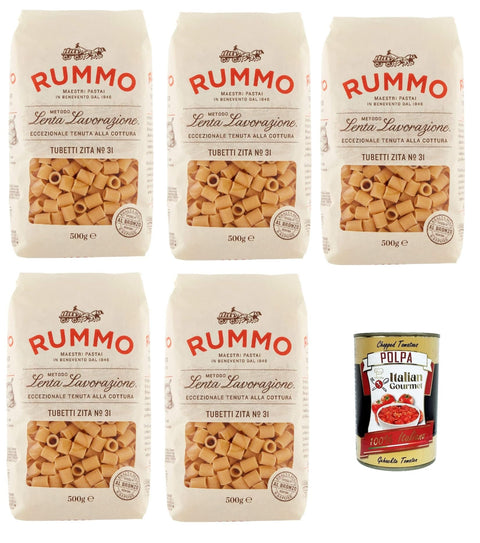 Rummo Tubetti Zita N. 31 Durum Wheat Semolina Pasta Italian Noodles 500 g Pack + Italian Gourmet Polpa di Pomodoro 400 g Tin Pack of 5