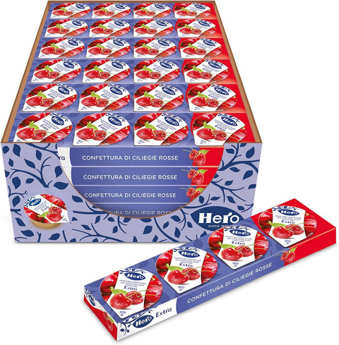 Hero Poker Red Cherry Jam - 30 Packs of 100g (4 Single Tins x 25g) - Extra Jam and Jam - High Quality Fruit - No Preservatives and Dyes