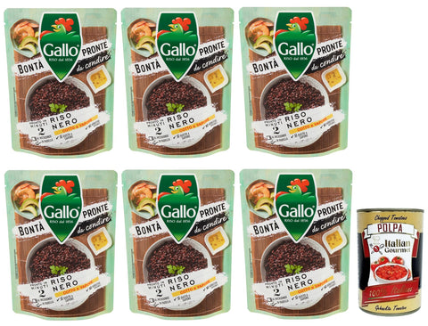 6 x Riso Gallo Bontà Pronte Riso Nero, Pre-Cooked Preparation Based on Black Brown Rice, 250 g + Italian Gourmet Polpa di Pomodoro 400 g Tin