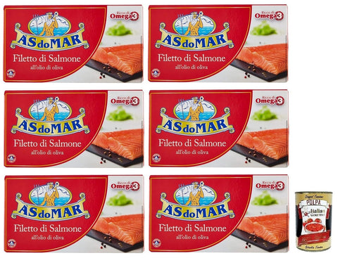 6 x AS do MAR Filetto di Salmone all'Olio di Oliva, Salmon Fillet in Olive Oil, Rich in Omega 3, Tin 150 g + Italian Gourmet Polpa di Pomodoro 400 g Tin