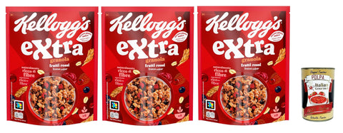 Cereali Extra "Frutti Rossi" | Try Chocolate and Red Fruits | Breakfast Cereals, Muesli with Crispy Oats | 3 x 375 g + Italian Gourmet Polpa 400 g