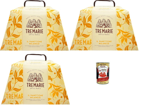 Tre Marie Il Panettone Milanese 3 x 750 g - Classic Italian Christmas Cake with Raisins & Candied Citrus Peels - Soft & Fine-Pored, Long-Lasting Dough Guide + Italian Gourmet Polpa 400 g