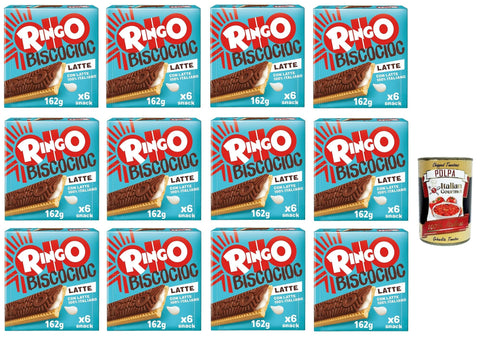 Pavesi Ringo Bisco Cioc Latte, Biscuit with Milk Filling and Chocolate Coating for a Sweet and Delicious Snack for Between Meals, 12 x 162 g + Italian Gourmet Polpa 400 g