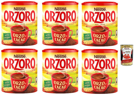 Orzoro Orzo & Cacao, Preparato Solubile, Orzo and Cocoa Instant Soluble Barley Grain Coffee 6 x 180 g + Italian Gourmet Polpa 400 g