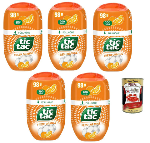 Tic Tac Arancia Sweets with Very Fine Sugar Cover and Orange Flavour Filling, Gluten Free, 5 Pack of 200 Sugary Almonds + Italian Gourmet Polpa 400g
