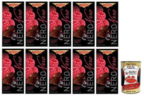 10 x Novi Nero Cioccolato Fondente Lamponi e Mandorle, Extra Dark Chocolate with Raspberries and Chopped Almonds, 70% Cocoa, 75 g + Italian Gourmet Polpa di Pomodoro 400 g Tin