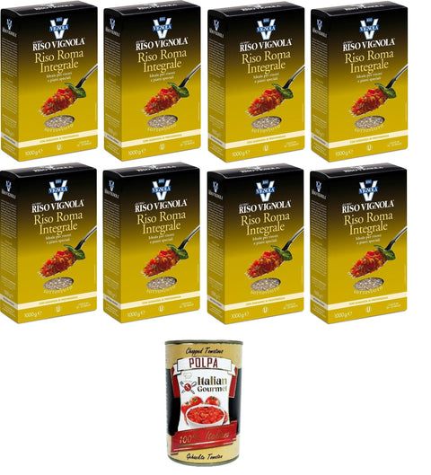 Vignola Riso Roma Integral Whole Grain Rome Rice Ideal for Risottos and Special Dishes 8 x 1 kg + Italian Gourmet Polpa 400 g