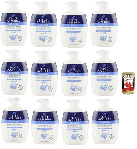 Felce Azzurra, Classic Intimate Detergent for Daily Intimate Hygiene with pH Value of 4.5, Sensitive Anti-Odour Intimate Soap, 12 x 250 ml + Italian Gourmet Polpa 400 g