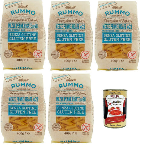 Rummo Pasta Noodles Gluten Free Mezze Penne Rigate, Bronze Drawn Glutein-Free, Perfect for People with Celiac Disease or Gluten Intolerance, 5 x 400 g + Italian Gourmet Polpa 400 g