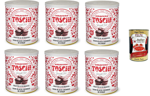 Toschi Amarena Candied Sweets in Syrup (50% Fruit and 50% Syrup) for Decorating Ice Cream and Desserts 6 x 1 kg + Italian Gourmet Polpa 400 g
