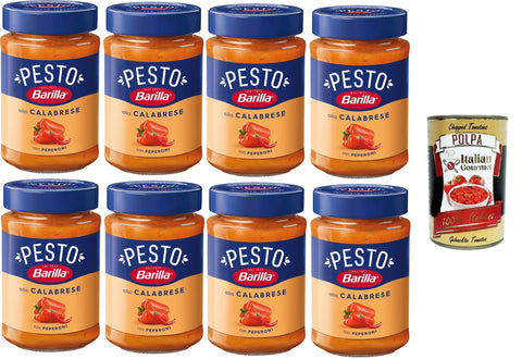 Barilla Pesto Alla Calabrese with Peperoni Condimento e Sugo per Pasta Calabrian Pesto with Paprika Spice and Pasta Sauce 8 x 190 g + Italian Gourmet Polpa 400 g