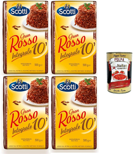 Riso Scotti Gran Rosso Integrale 10 Inch Red Brown Rice 4 x 500 g + Italian Gourmet Polpa 400 g