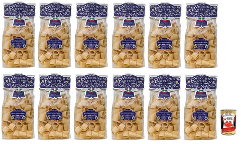12 x Il Vecchio Pastificio di Gragnano Pasta Mezzi Paccheri Rigati, Gragnano IGP Italian Pasta Made from Durum Wheat Semolina of the Highest Quality 500 g + Italian Gourmet Polpa di Pomodoro 400 g Tin