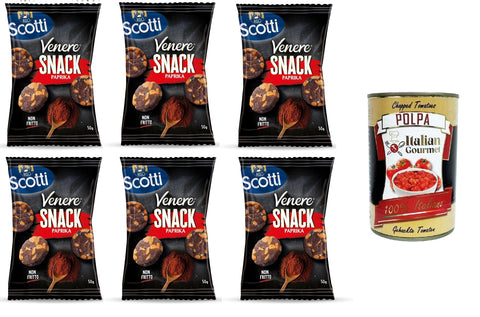 Riso Scotti Venere Snack Paprika, Brown Rice, Crispy and Delicious, Non-Fried Snack for Breaks and Aperitifs, Gluten Free, 100% Plant-Based, 6 x 50 g+ Italian Gourmet Polpa 400 g