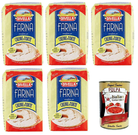 Divella Farina 00 consigliata per cream e cake flour 00 recommended for creams and cakes 5 x 1 kg + Italian Gourmet Polpa 400 g