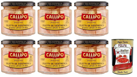 6 x Callipo Filetti di Ventresca di Tonno all'olio di oliva, Ventresca tuna fillets in olive oil, the most valuable part of tuna, glass 200 g + Italian Gourmet Polpa di Pomodoro 400 g tin
