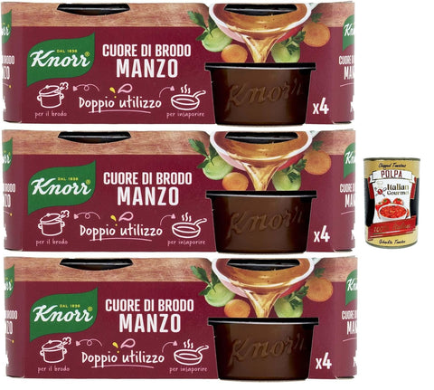 3 x Knorr Cuore di Brodo Manzo, for Diluting, with Sustainable Vegetables, Glutamate Free, No Preservatives, 112 g + Italian Gourmet Polpa 400 g